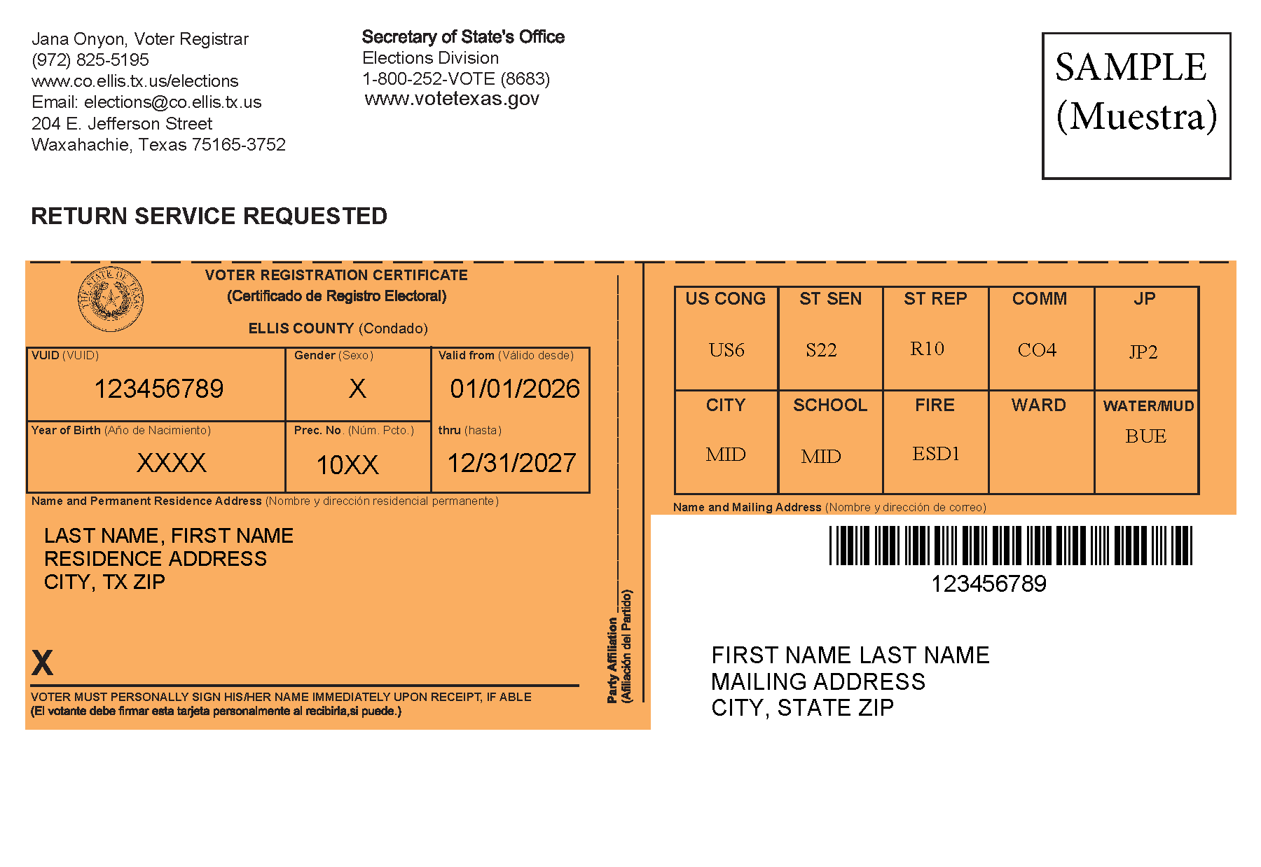 2020 Voter card SAMPLE